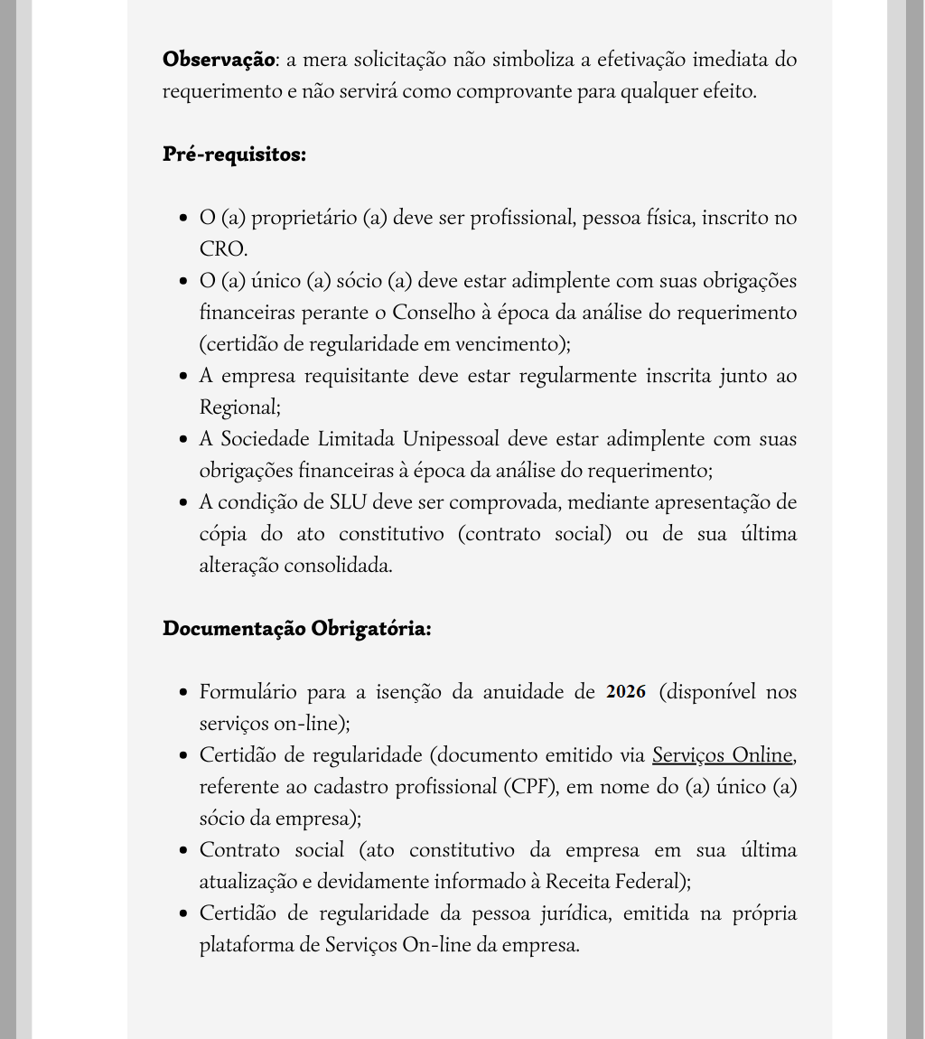 Isenção Anuidade 2026 PJ Unipessoal - 2