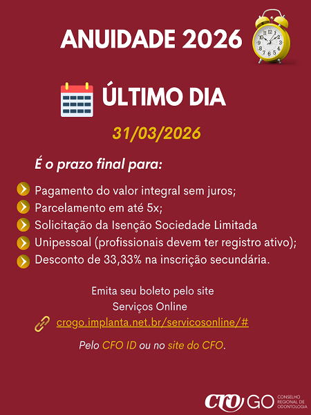  Último dia para Anuidade 2026 - 31.03.2026 - 450 x 600
